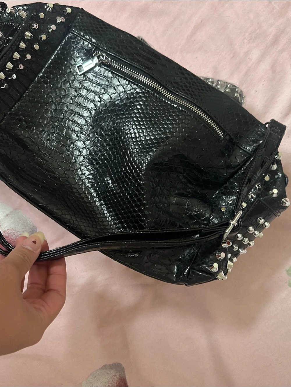 Black Faux Snakeskin Studded Satchel Shoulder Bag Y2K
